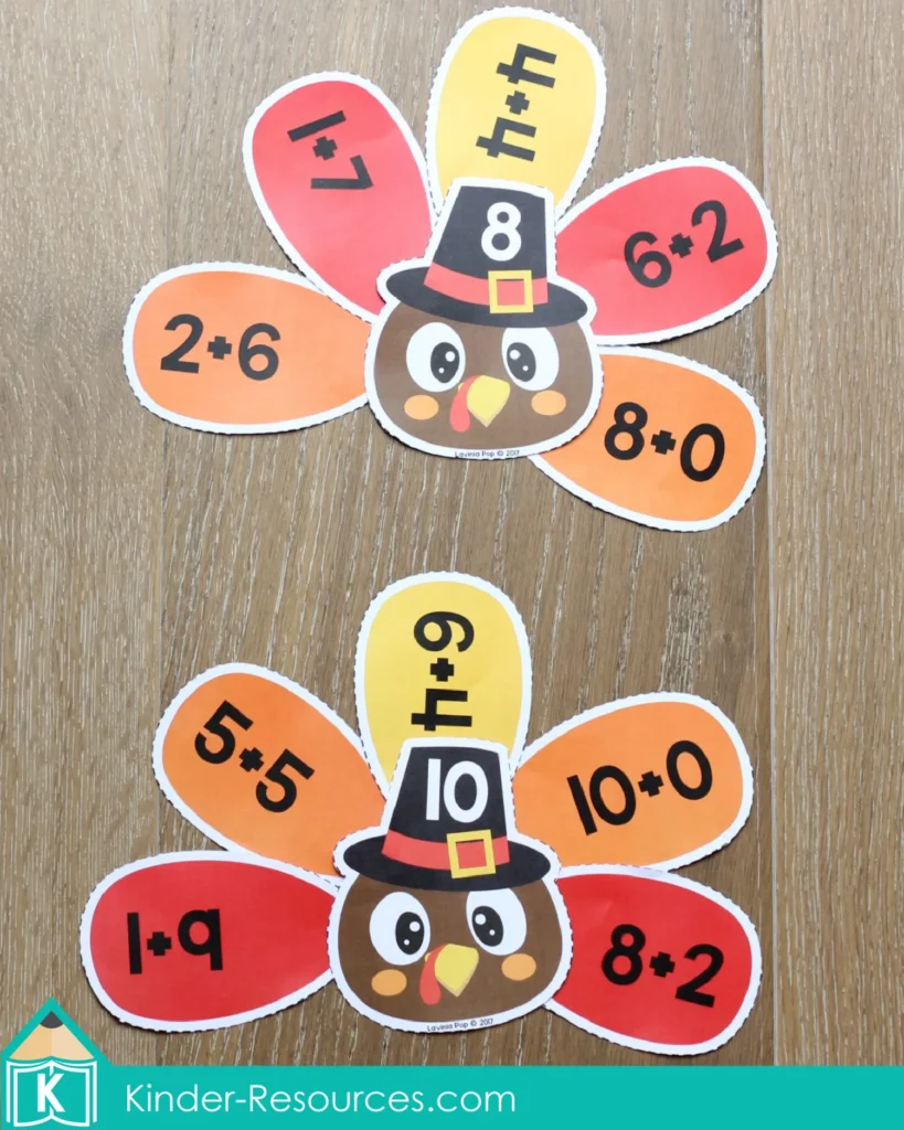 Turkey Addition activity with bright feathers labeled with addition equations. Children solve each sum and sort it to the correct turkey showing the matching total. Perfect for reinforcing basic addition facts and fine-motor coordination. Part of the Thanksgiving Math Centers for Kindergarten packet with free sample pages to download.