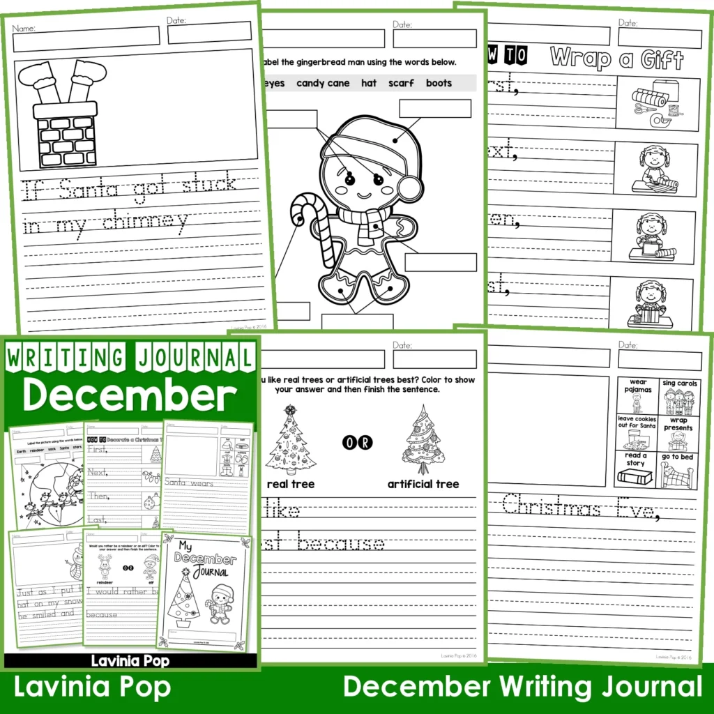December Writing Journal Prompts. Includes a variety of text types: writing lists, labelling, procedures, opinion pieces, narrative text, letters and acrostic poems.