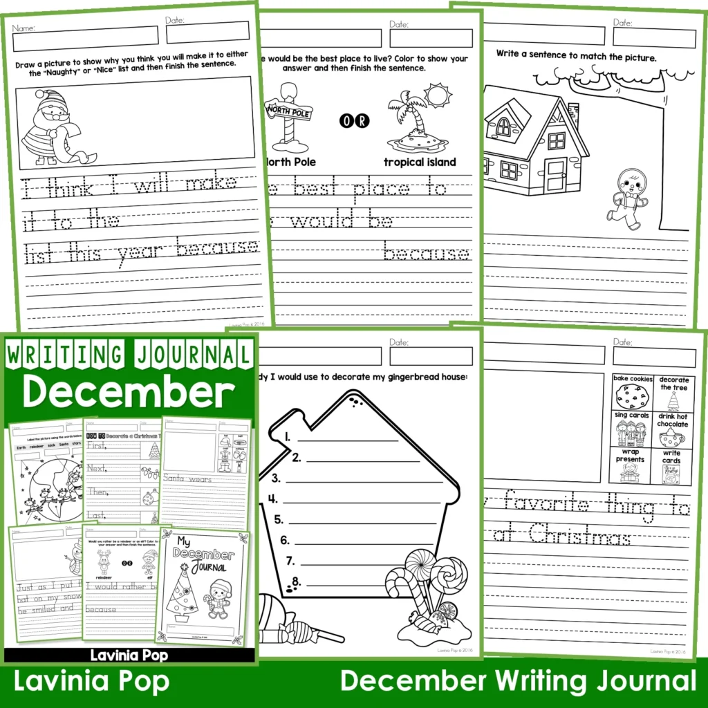 December Writing Journal Prompts. Includes a variety of text types: writing lists, labelling, procedures, opinion pieces, narrative text, letters and acrostic poems.