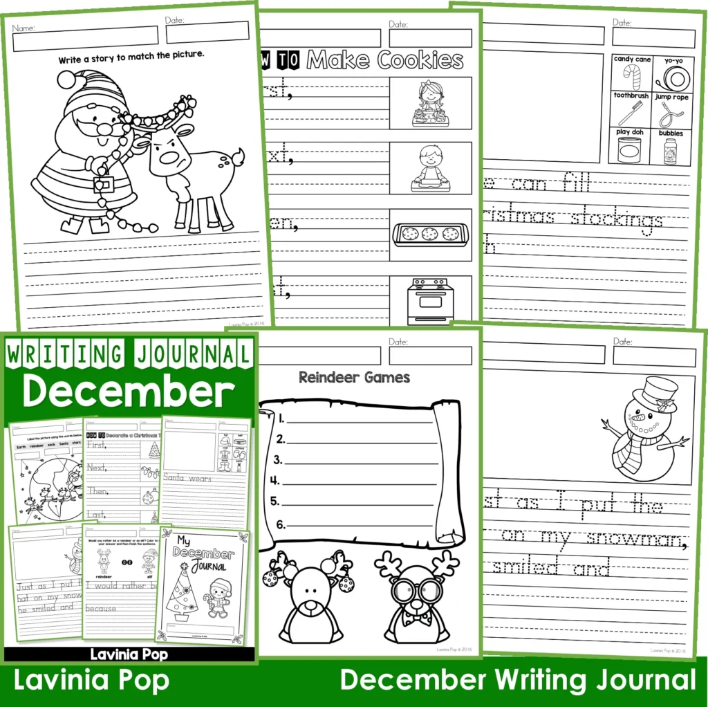 December Writing Journal Prompts. Includes a variety of text types: writing lists, labelling, procedures, opinion pieces, narrative text, letters and acrostic poems.