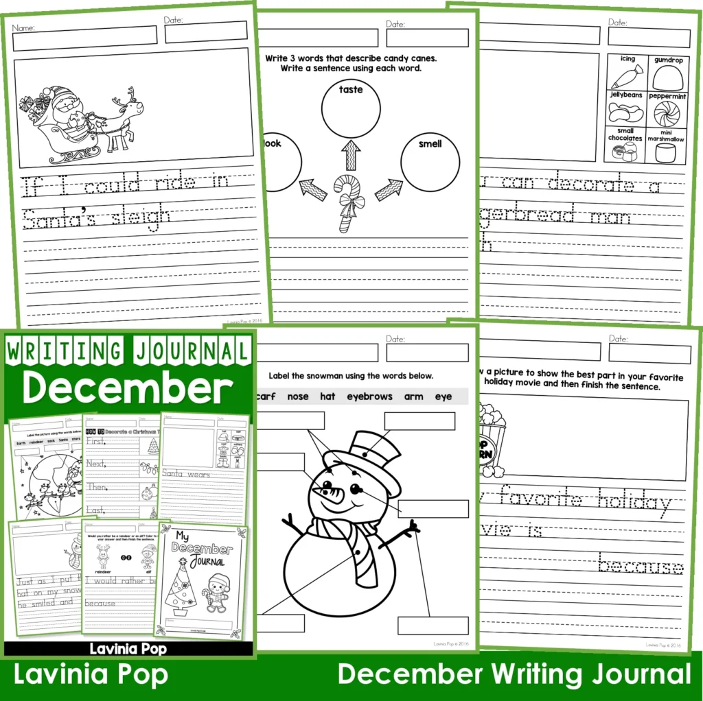 December Writing Journal Prompts. Includes a variety of text types: writing lists, labelling, procedures, opinion pieces, narrative text, letters and acrostic poems.