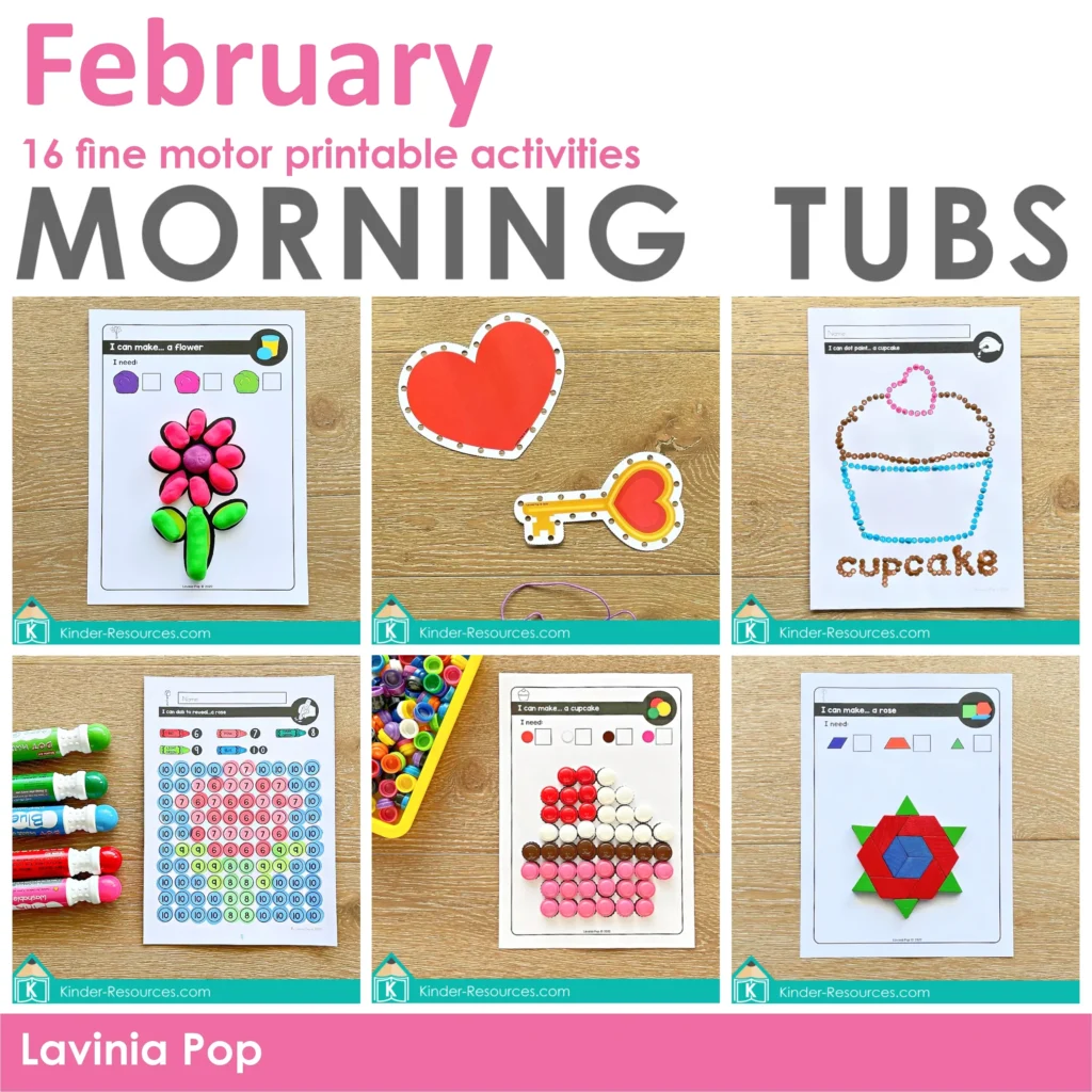 February Morning Tubs. Play dough task cards | lacing cards | cotton bud activities | dot marker activities | pom-pom picture task cards | pattern block task cards