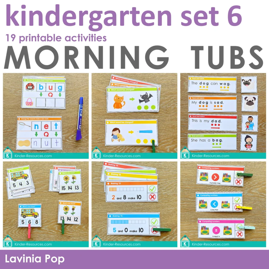 Kindergarten Morning Tubs | Bins Set 9. 19 printable math and literacy activities.