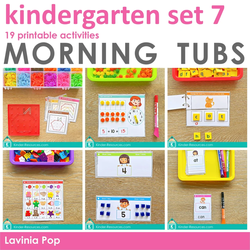 Kindergarten Morning Tubs | Bins Set 7. 19 printable math and literacy activities.