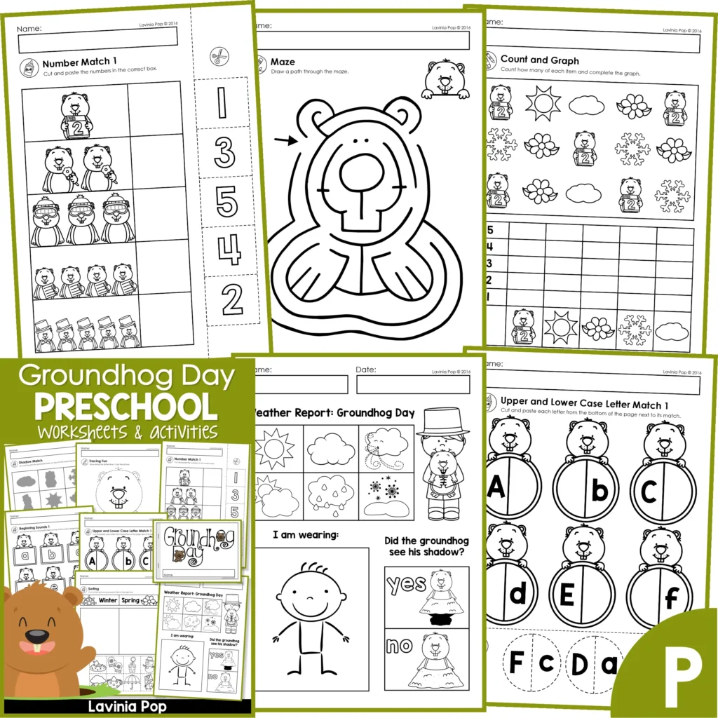 Groundhog Day Worksheets for Preschool and Kindergarten. Number Match | Maze | Count and Graph | Weather Report | Letter Match