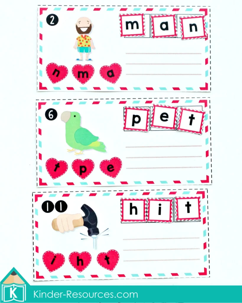 Valentine's Day Kindergarten Literacy Centers. Unscrambling and Spelling CVC Words (2)