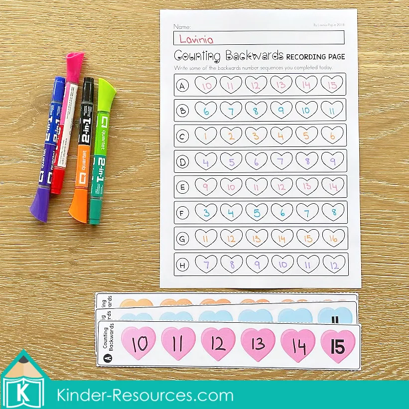 Valentine's Day Math Centers. Counting Backwards with recording page