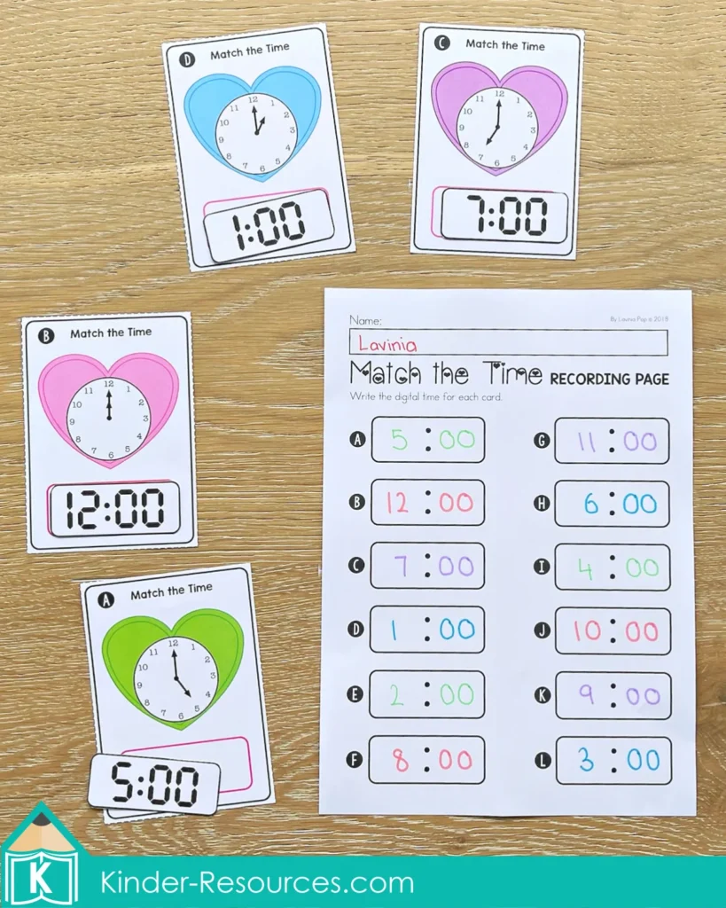 Valentine's Day Math Centers. Matching Digital and Analog clocks with recording page