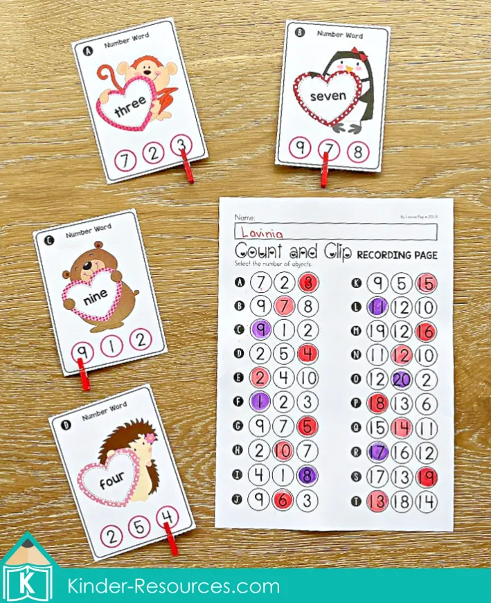 Valentine's Day Math Centers. Number Words with recording page