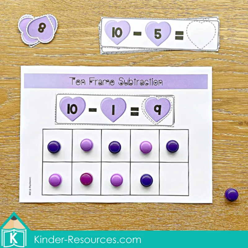 Valentine's Day Math Centers. Subtraction with Ten Frame