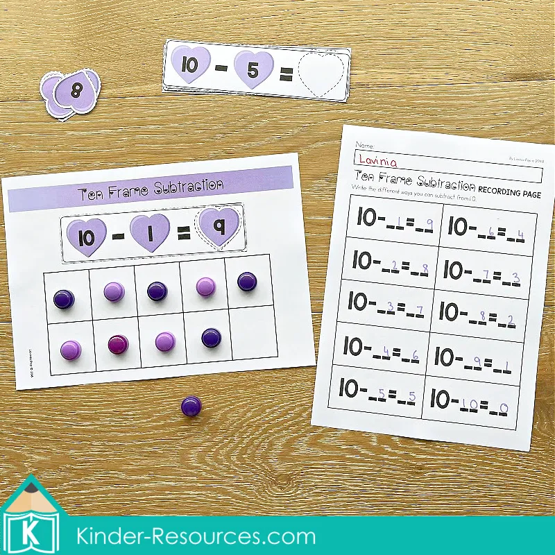 Valentine's Day Math Centers. Subtraction with recording page
