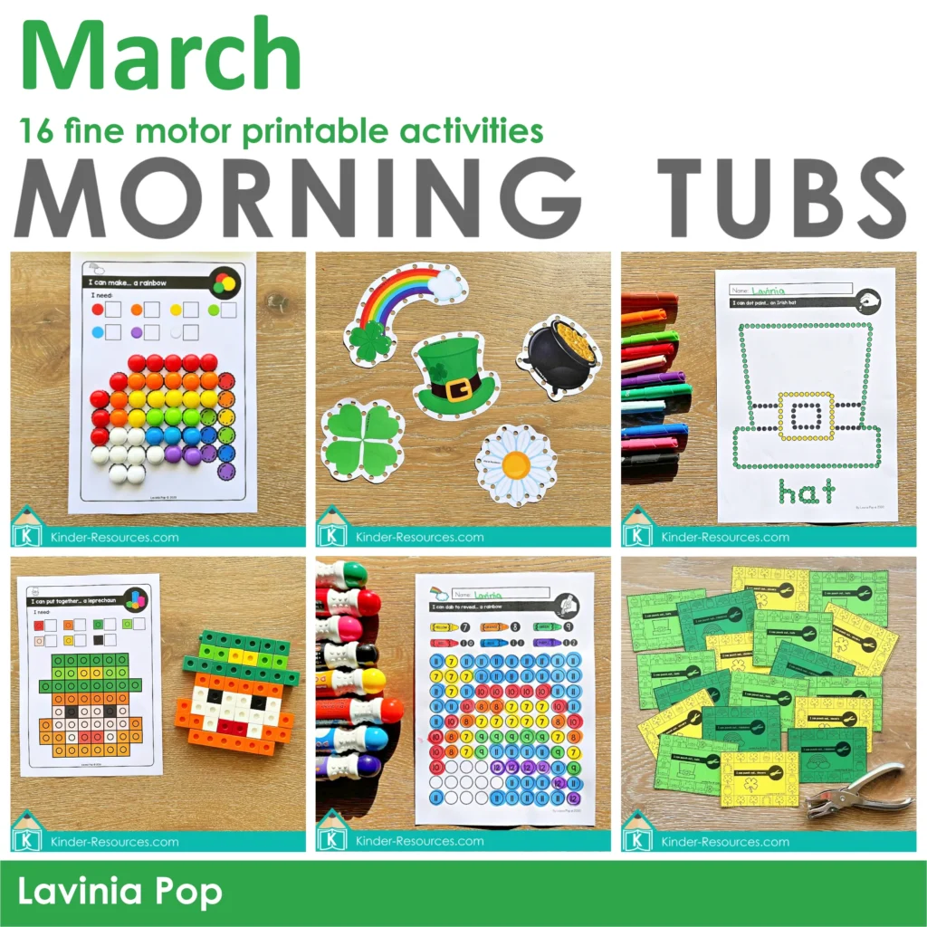 March Morning Tubs. Fine motor rainbow counters task card | St. Patrick's Day lacing cards | green hat cotton bud painting | leprechaun counting cube task card | dot marker hidden picture | St. Patrick's Day hole punch cards