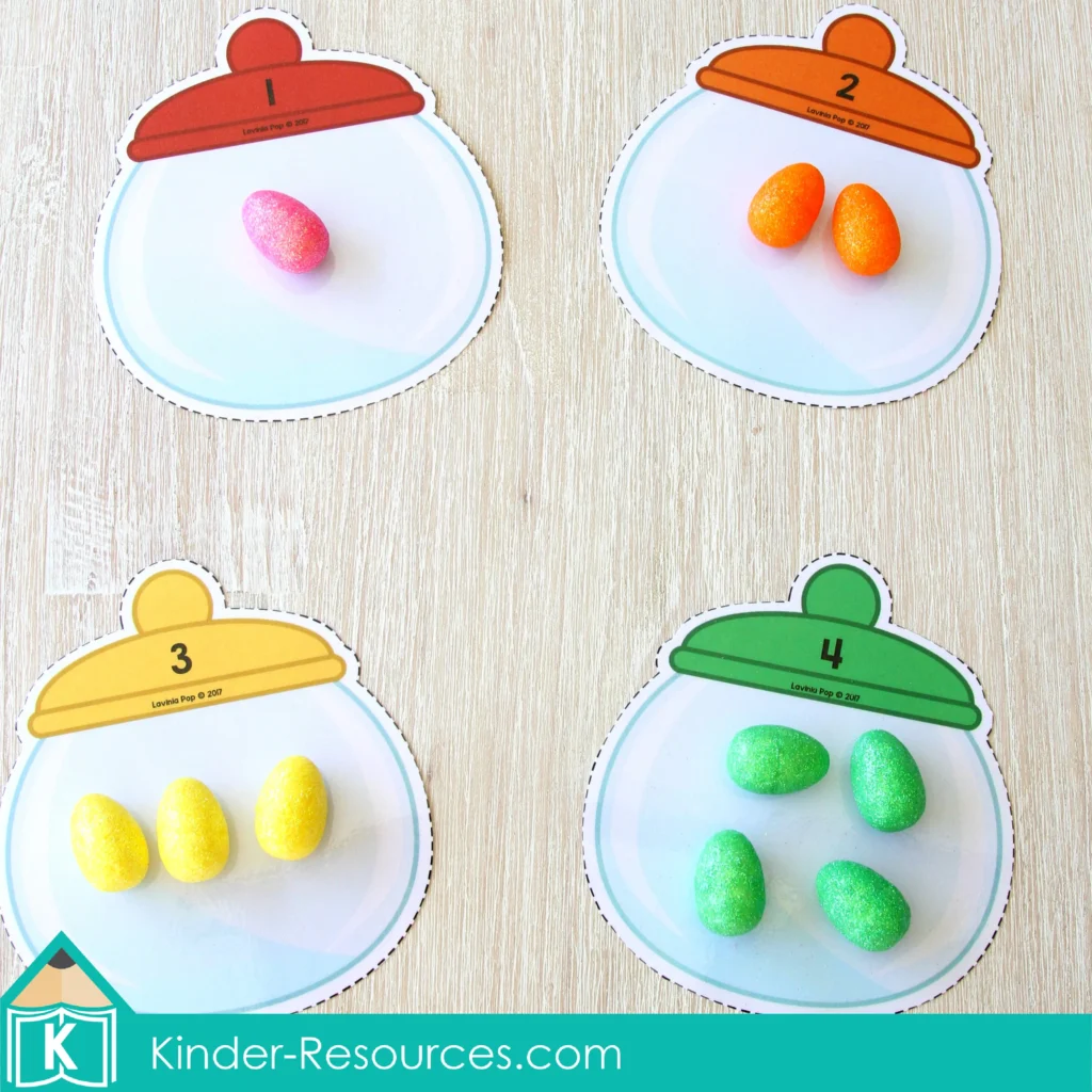 Easter Preschool Center Activities. Easter egg counting jars