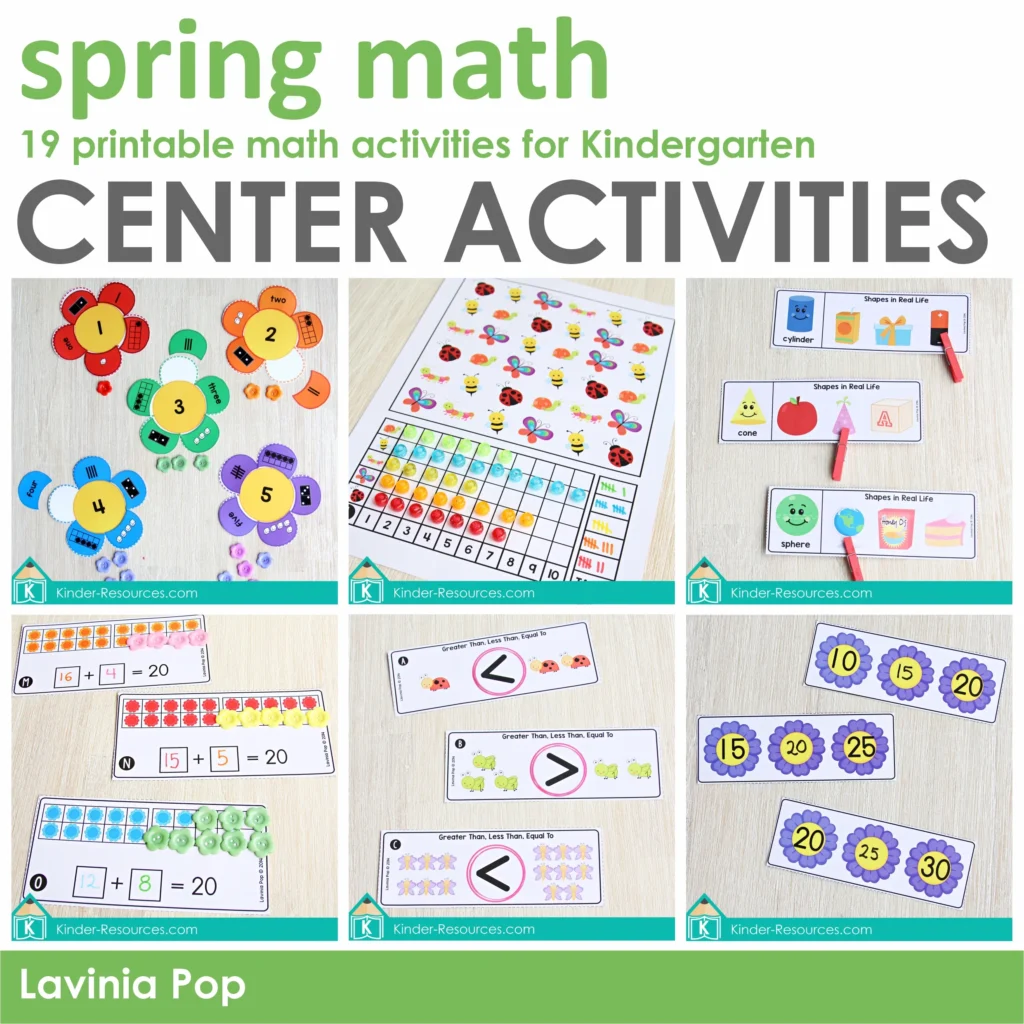 Spring Math Centers for Kindergarten | 19 printable center activities
