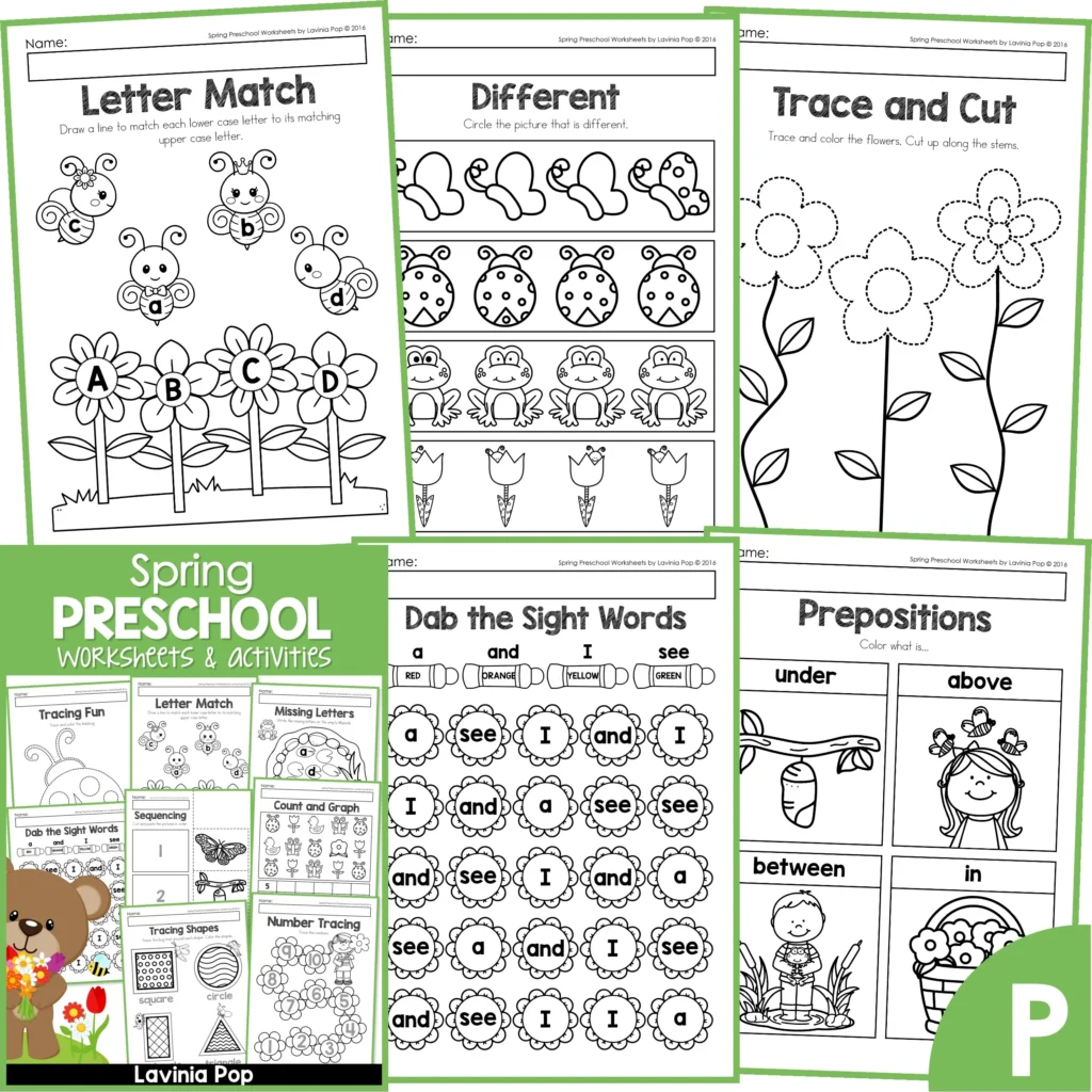 Spring Preschool Worksheets. Letter match | Different | Trace and cut | Dab the sight words | Prepositions