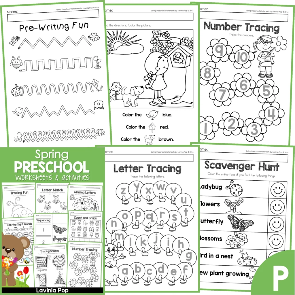 Spring Preschool Worksheets. Pre-Writing | Read and color | Number tracing | Letter tracing | Scavenger hunt