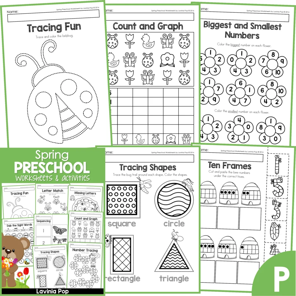 Spring Preschool Worksheets. Tracing fun | Count and graph | Comparing numbers Tracing 2D shapes | Ten Frames