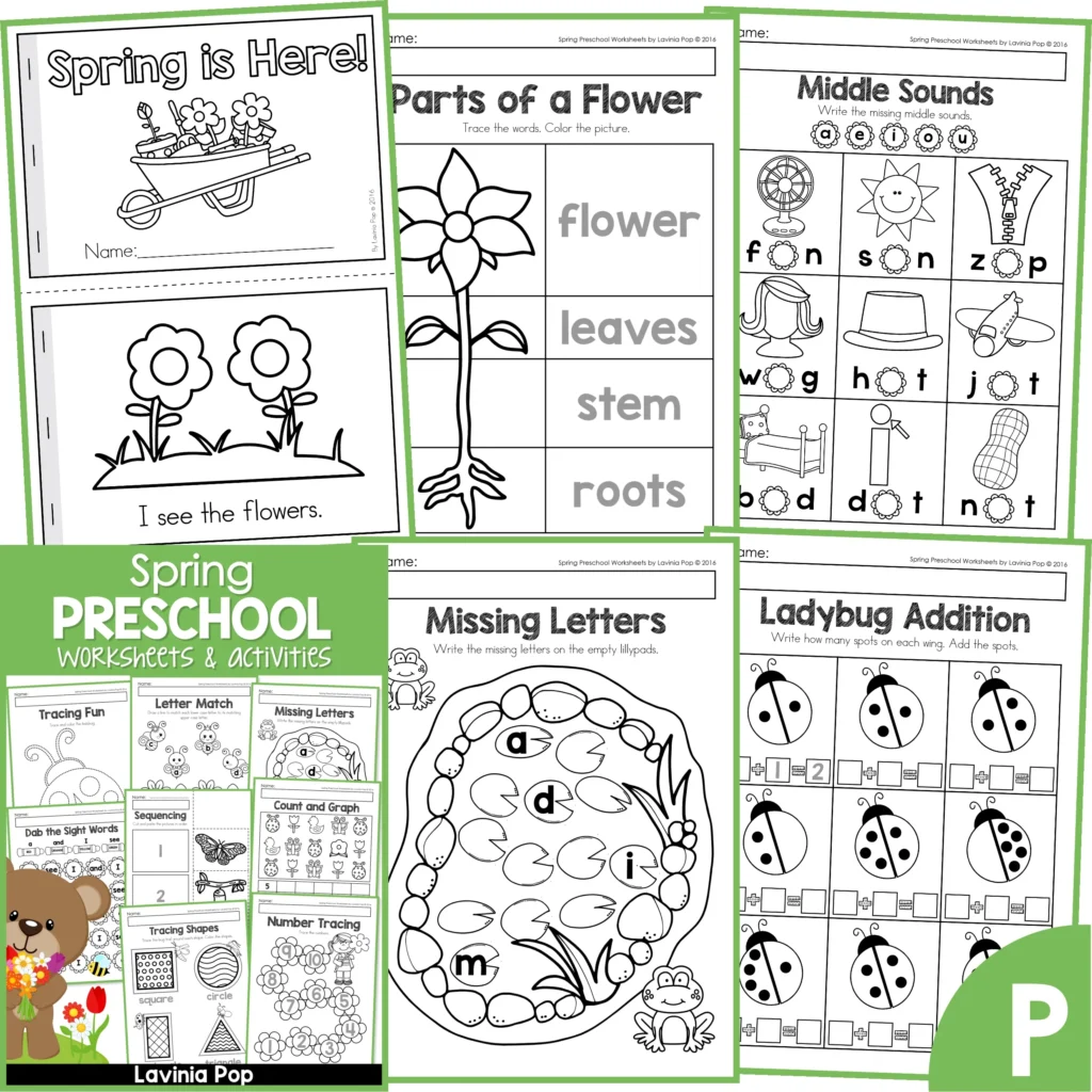 Spring Preschool Worksheets. Reader | Parts of a Flower | Middle sounds | Missing Letters | Ladybug addition