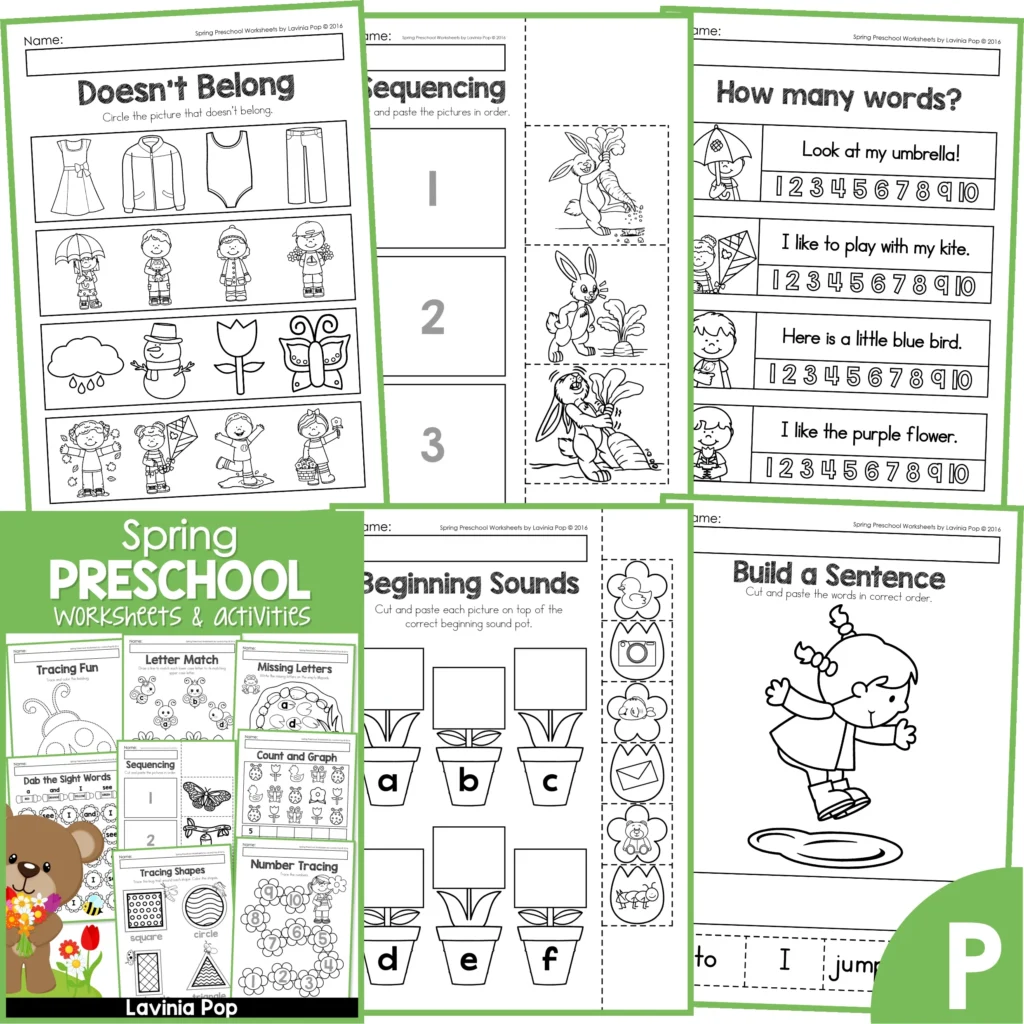 Spring Preschool Worksheets. Doesn't belong | Sequencing | How many words? | Beginning sounds | Build a sentence