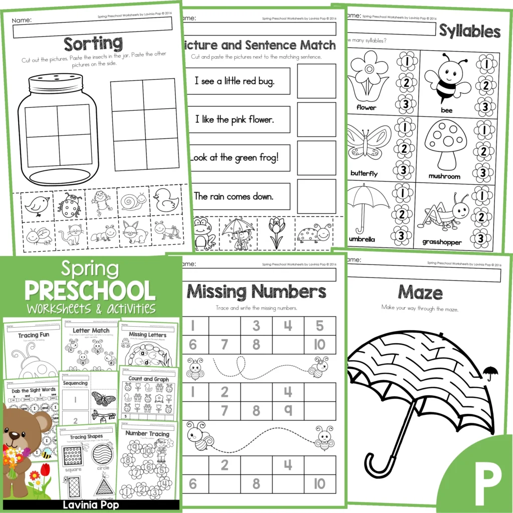 Spring Preschool Worksheets. Sorting | Picture and Sentence Match | Syllables | MIssing numbers