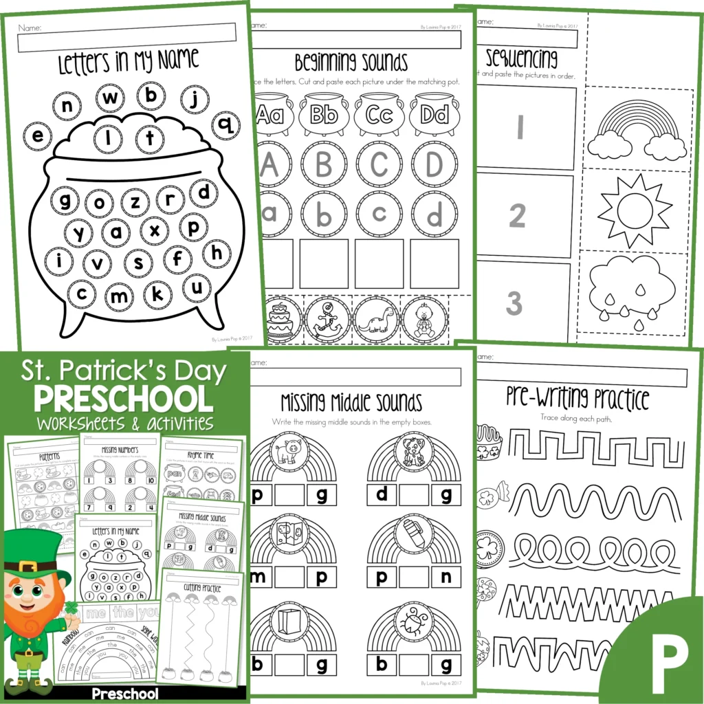 St. Patrick's Day Preschool Worksheets and Activities. Letters in my name | Beginning sounds | Sequencing | CVC middle sounds | Pre-writing practice