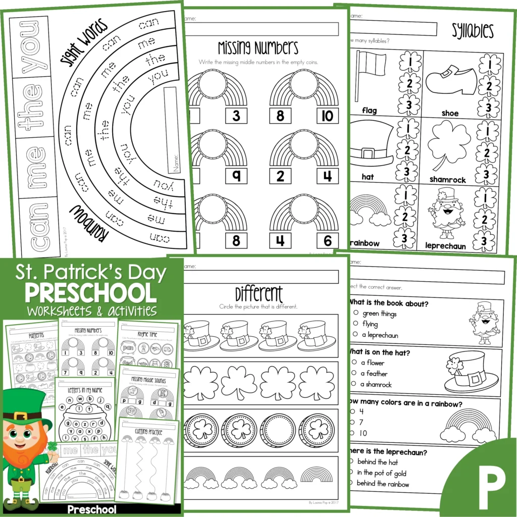 St. Patrick's Day Preschool Worksheets and Activities. Sight word rainbow | Missing numbers | Syllables | Different | Reading comprehension