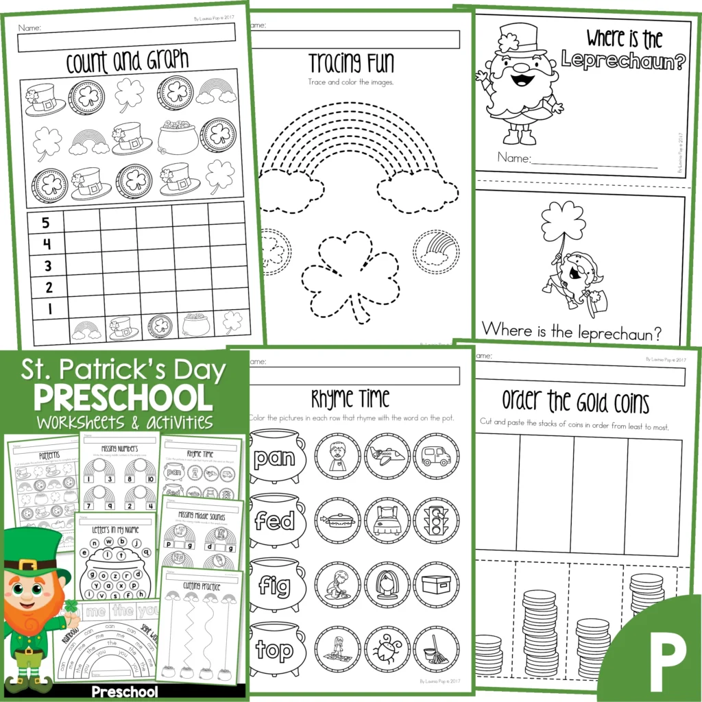 St. Patrick's Day Preschool Worksheets and Activities. Count and graph | Tracing practice | Emergent reader | Rhyme time | Order by height