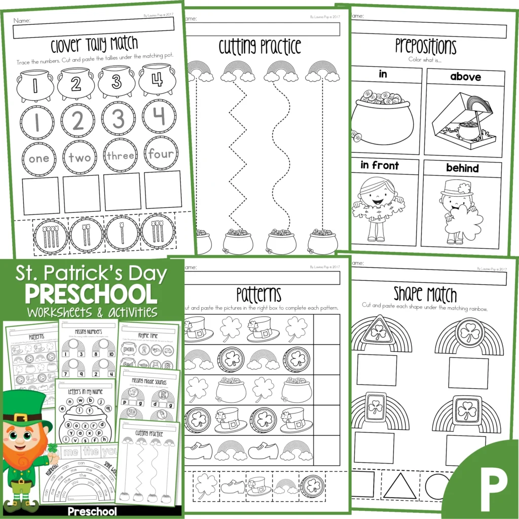 St. Patrick's Day Preschool Worksheets and Activities. Tallies | Cutting practice | Prepositions | Patterns | Shape match