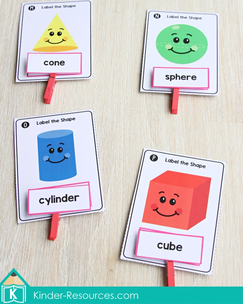 Spring Math Centers for Kindergarten. 3D Shapes Label Clip Cards
