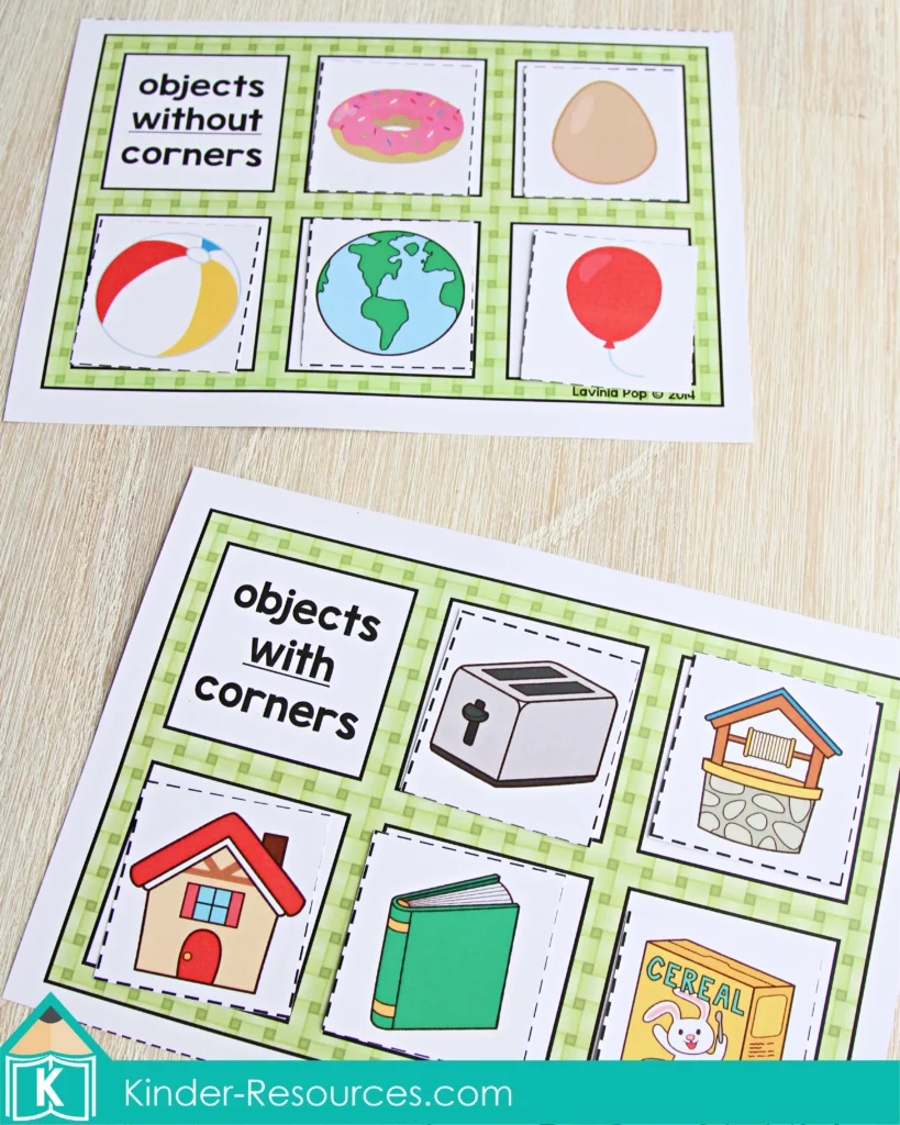 Spring Math Centers for Kindergarten. Categorizing Objects with and without corners