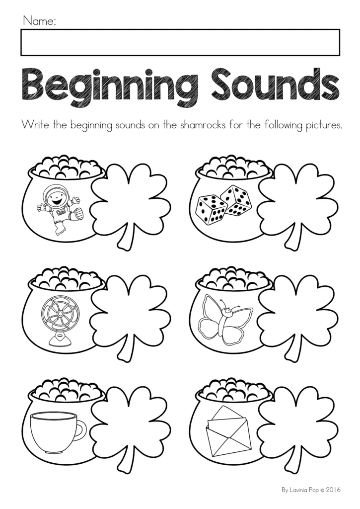 St. Patrick’s Day Beginning Sounds Activity worksheet with shamrocks for writing beginning sounds