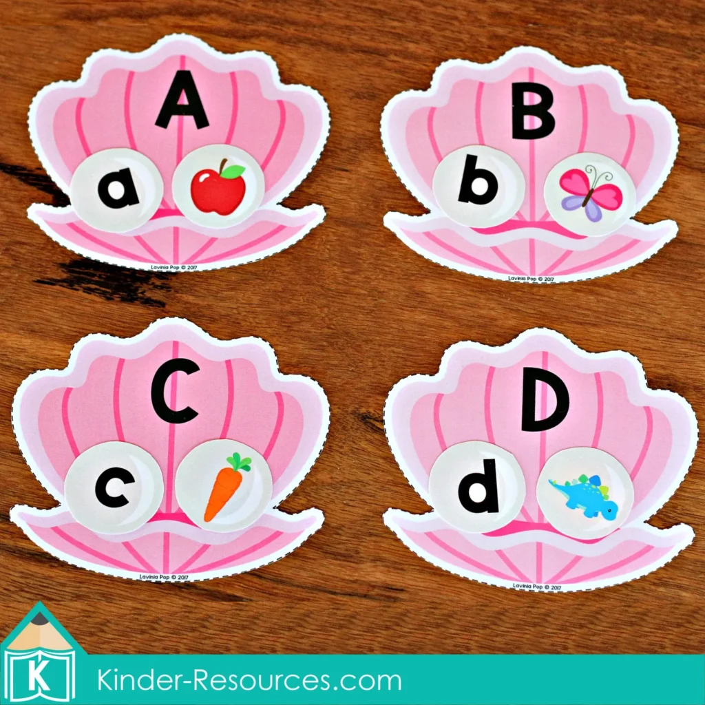 Ocean Preschool Center Activities. Clam Alphabet and Beginning Sounds Match
