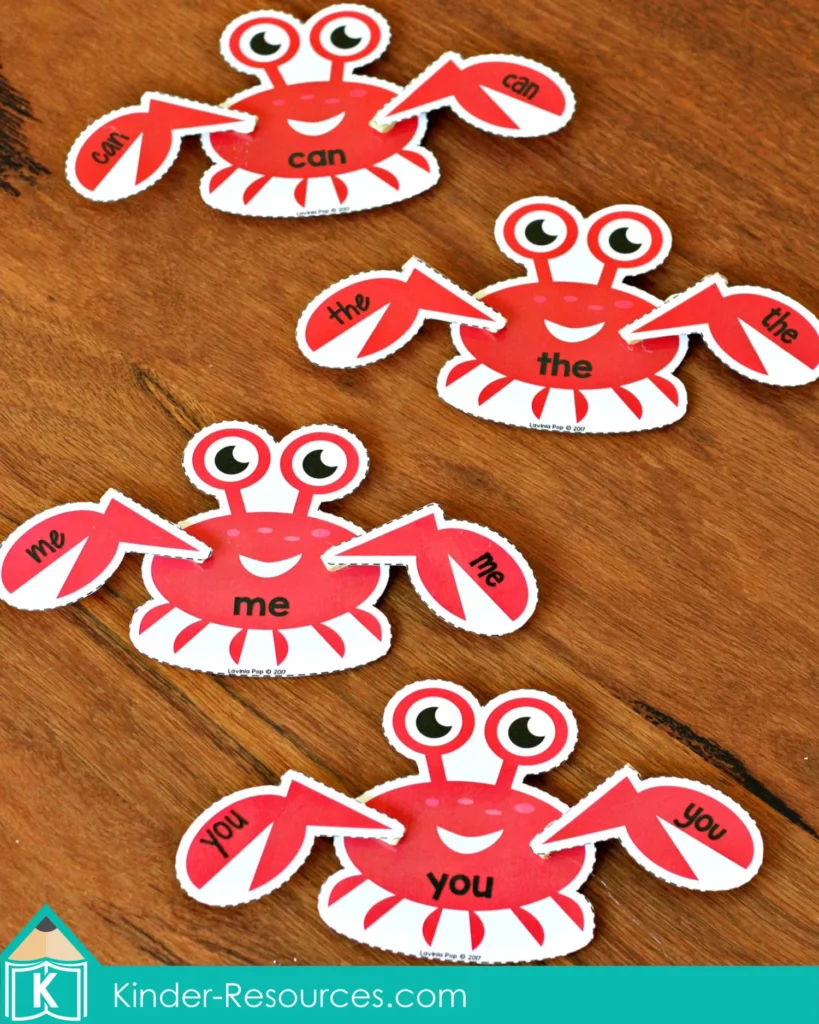 Ocean Preschool Center Activities. Crab SIght Word Match