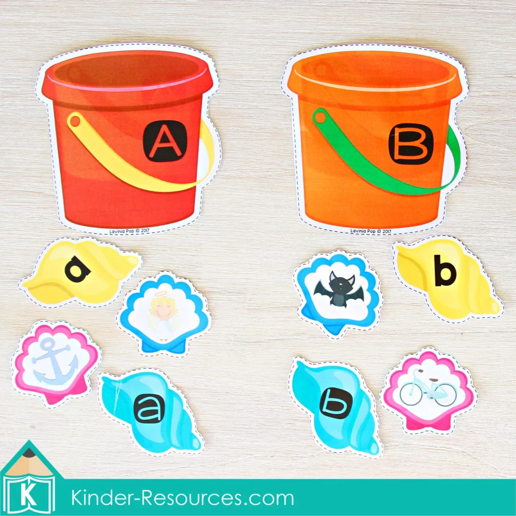 Preschool Summer Center Activities. Alphabet and Beginning Sounds Pail and Shell Matching Activity