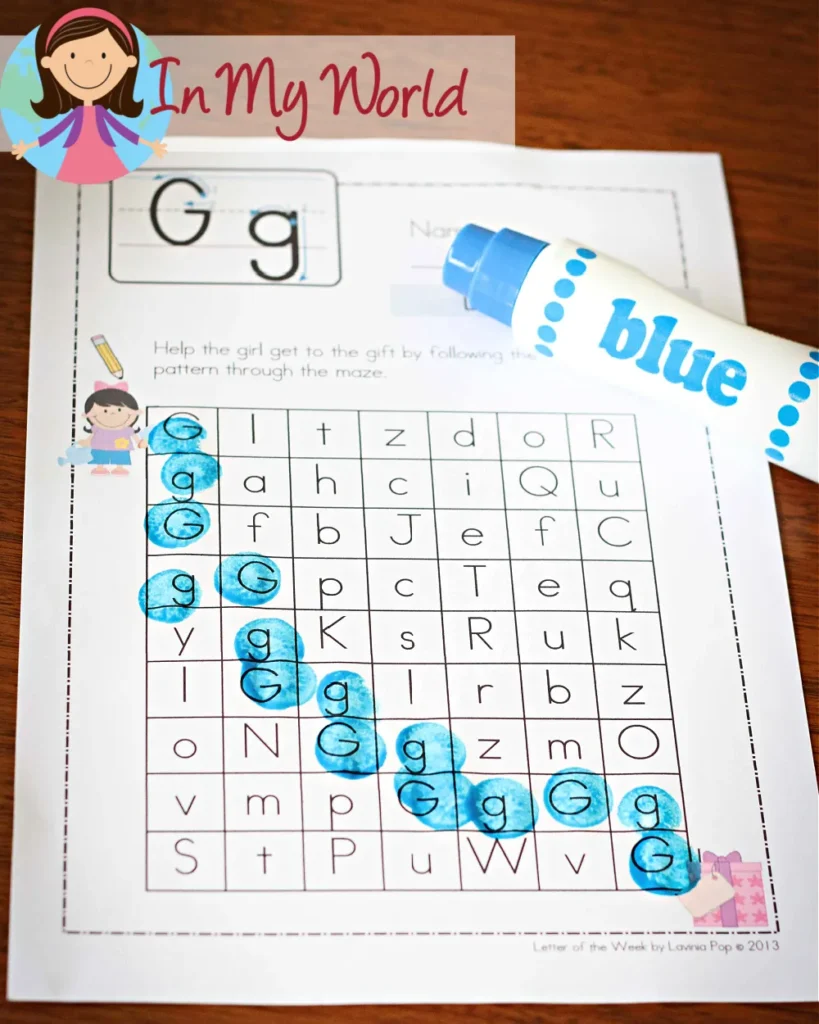 Completed alphabet maze for the letter G, helping children identify uppercase and lowercase G while following a path. Free worksheet available on the blog.