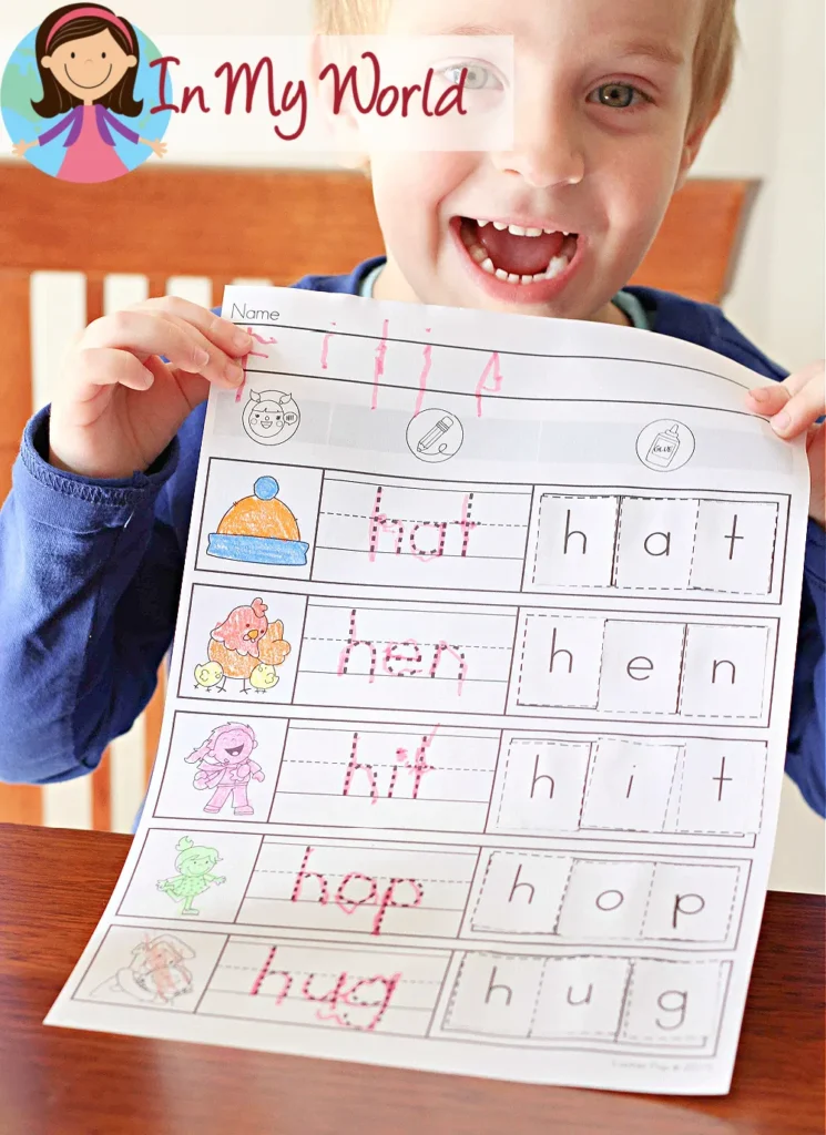 Preschool Letter H Printables. CVC worksheet cut paste completed
