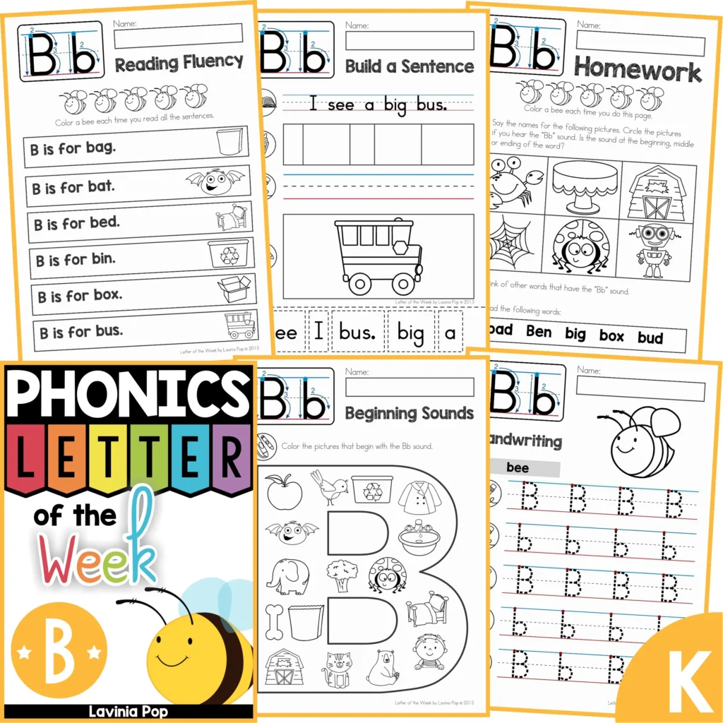 Printable Phonics Letter of the Week B worksheets for reading fluency, building sentences, handwriting, beginning sounds, and homework practice.