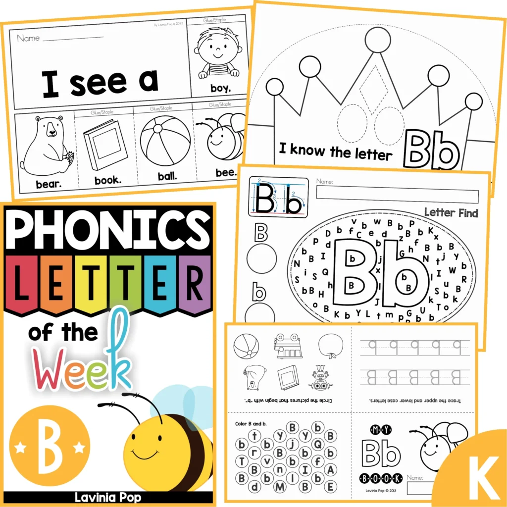Letter B phonics activities including build a sentence, crown craft, letter find, and tracing pages from the Phonics Letter of the Week B packet.