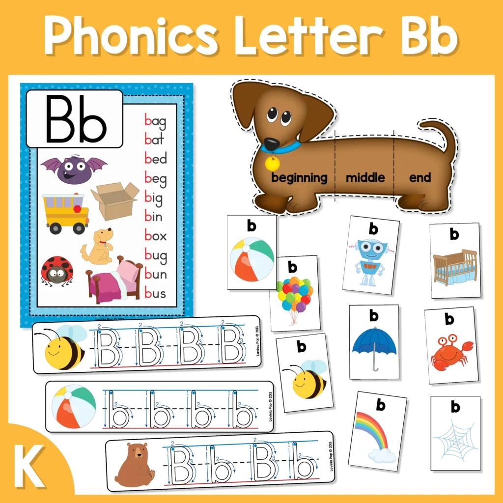 Phonics Letter of the Week B packet with vocabulary cards, letter tracing cards, Sound Hound sorting activity, and CVC word poster for beginning sounds.