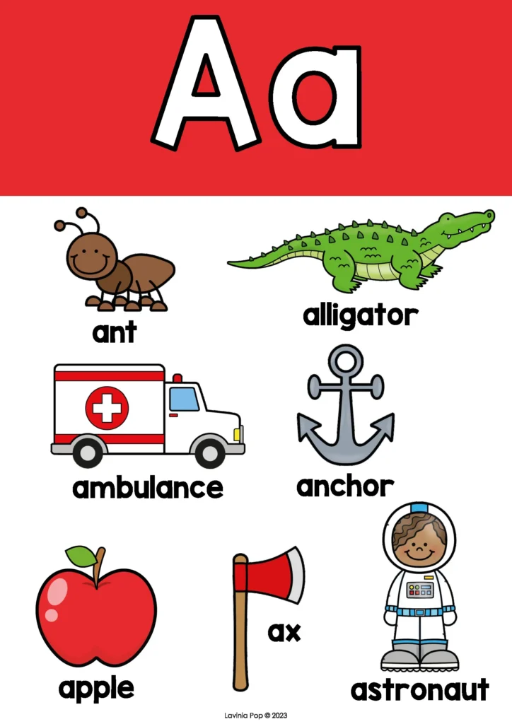 Letter A Alphabet Poster | Free printable poster for preschoolers learning letter recognition and sound for letter A. Perfect for classroom alphabet wall displays or homeschool routines.