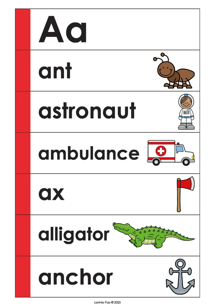 Letter A Word Wall Cards | Printable letter A vocabulary cards for preschool word walls. Great for early phonics, vocabulary building, and alphabet recognition.