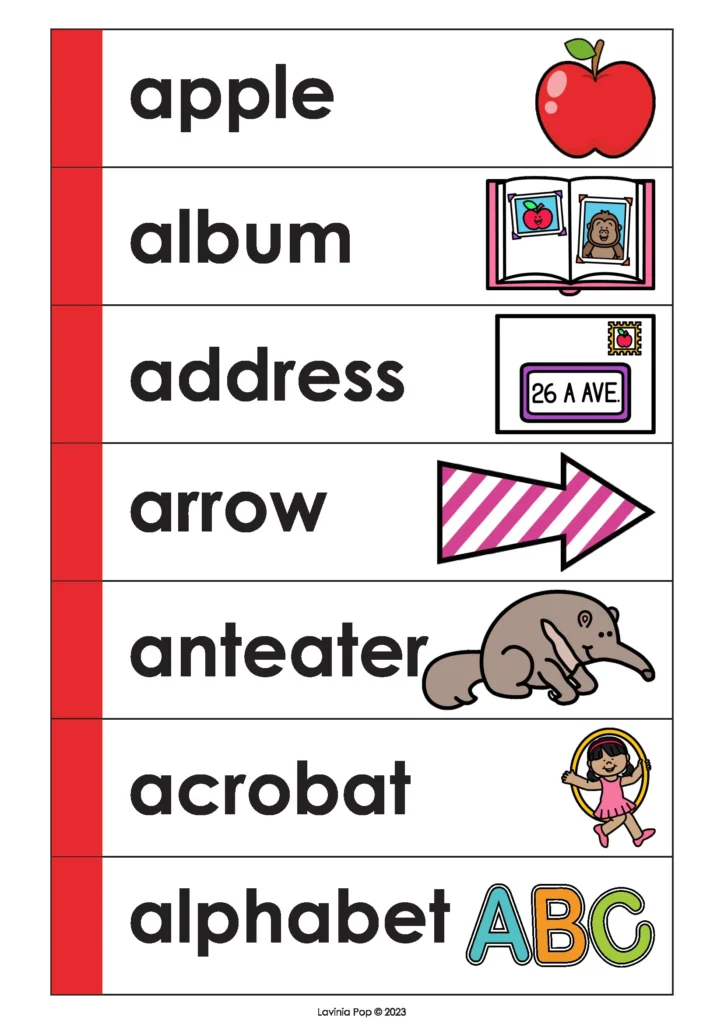 Letter A Word Wall Cards | Printable letter A vocabulary cards for preschool word walls. Great for early phonics, vocabulary building, and alphabet recognition.
