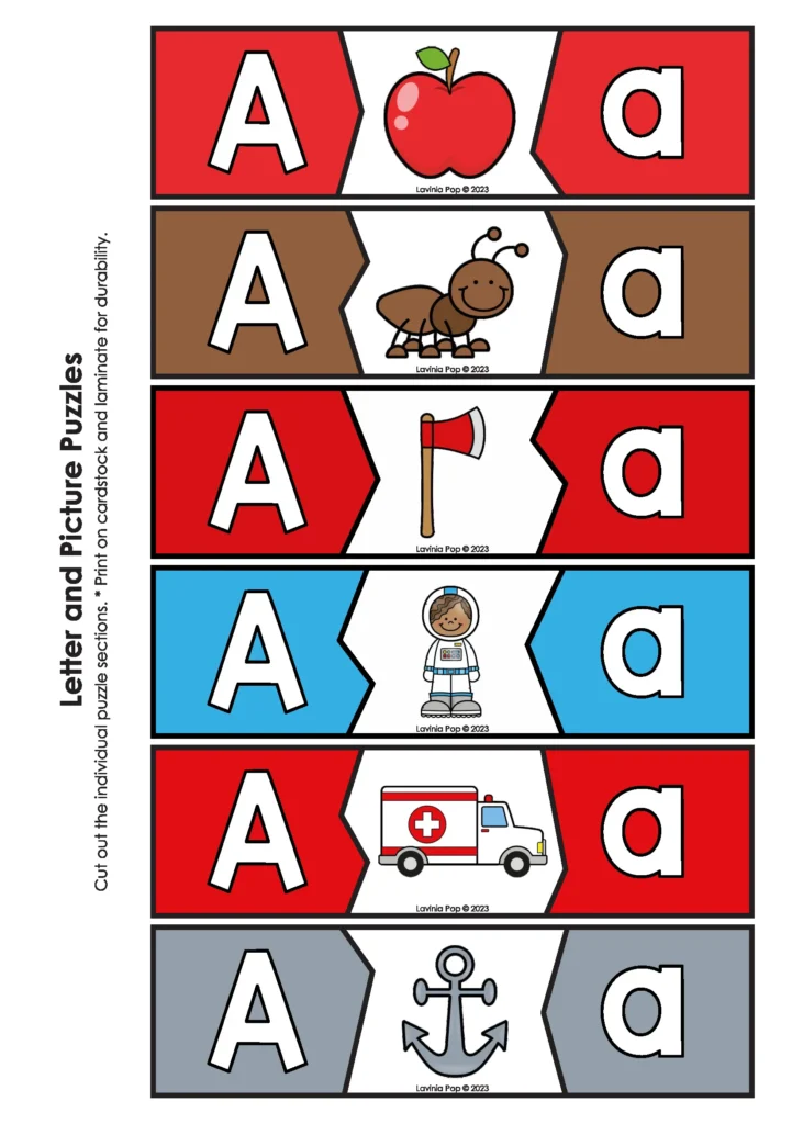 Letter A Matching Puzzles | Fun alphabet puzzles for preschoolers to match letters with beginning sounds. Hands-on literacy center activity for letter of the week.