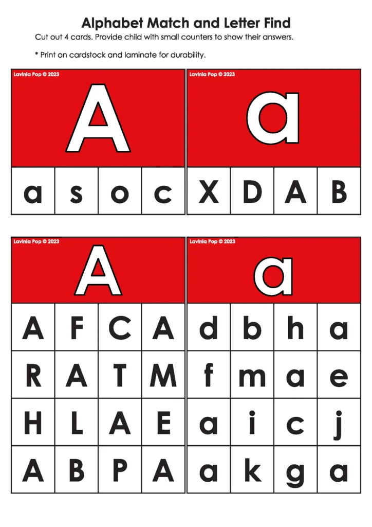Letter A Letter Match Game | Preschool alphabet activity where children find and cover uppercase and lowercase A’s. Great for visual discrimination and early literacy.
