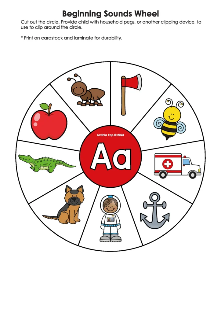 Letter A Beginning Sounds Wheel | Interactive clip card game for identifying letter A sounds. Ideal for phonics practice in preschool literacy centers.