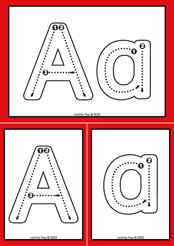 Trace Letter A | Free printable tracing cards for preschoolers learning how to write uppercase and lowercase A with correct formation. Use with dry-erase markers or playdough.