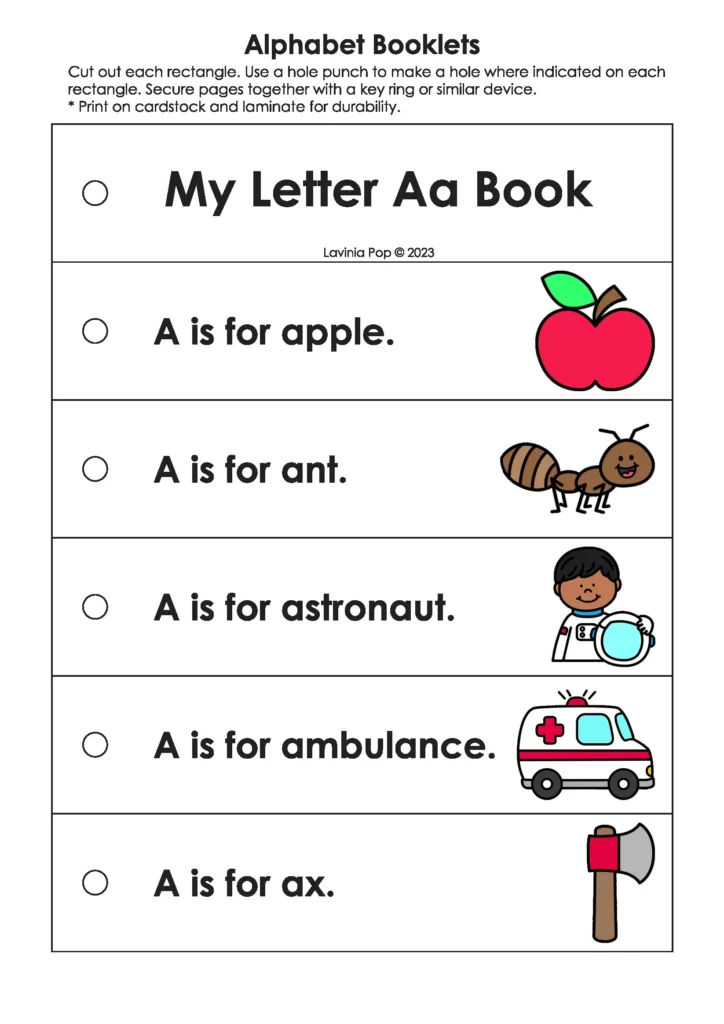 A is for... Mini Booklet | Preschool alphabet emergent reader featuring predictable text “A is for…” with pictures. Supports early reading fluency and letter-sound correspondence.