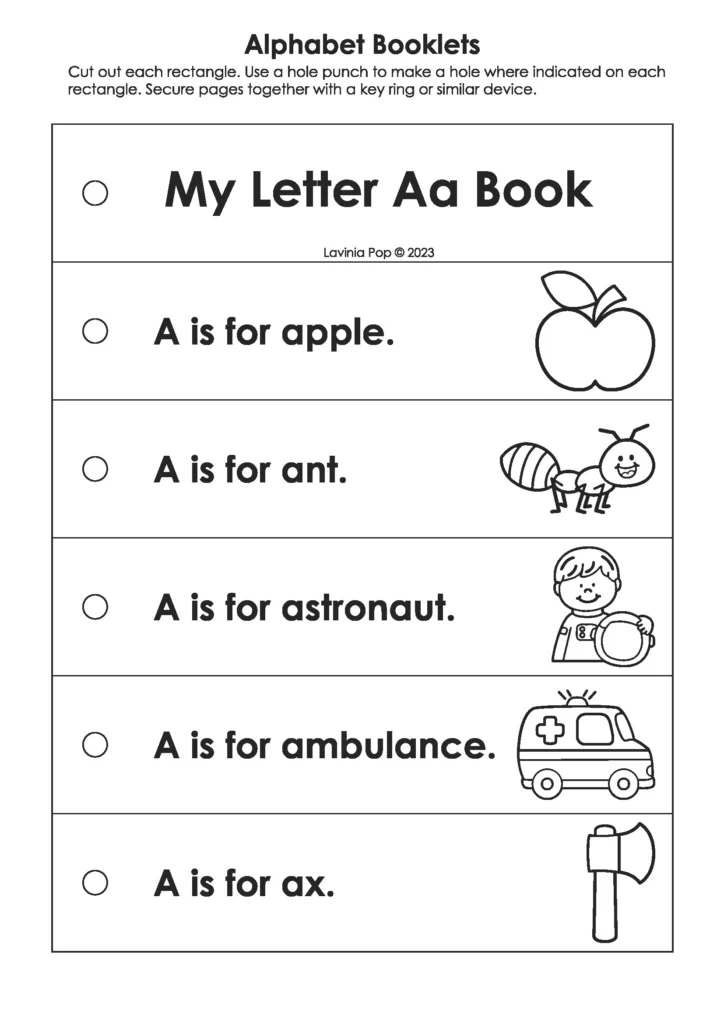 A is for... Mini Booklet | Preschool alphabet emergent reader featuring predictable text “A is for…” with pictures. Supports early reading fluency and letter-sound correspondence.
