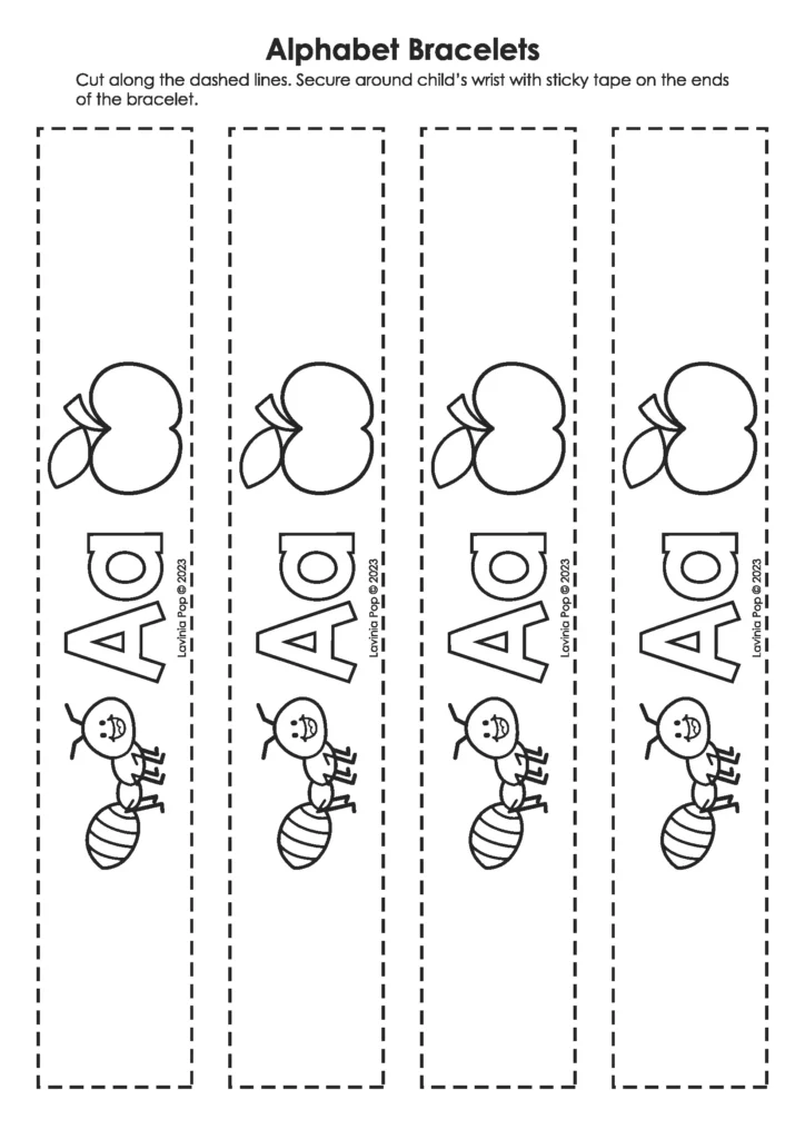 Letter A Alphabet Bracelet | Printable alphabet bracelets preschoolers can color and wear to celebrate letter A. Fun and interactive way to reinforce phonics.