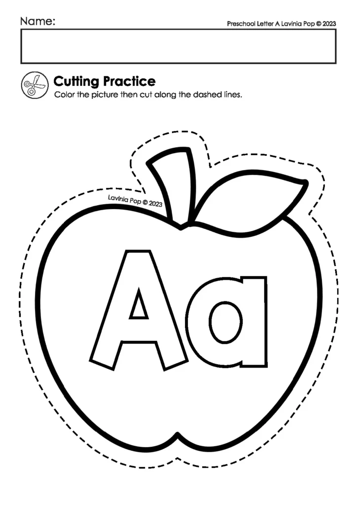 Preschool Letter A Cutting Practice | Fine motor activity where children cut around a themed image featuring the letter A. Perfect for scissors practice.